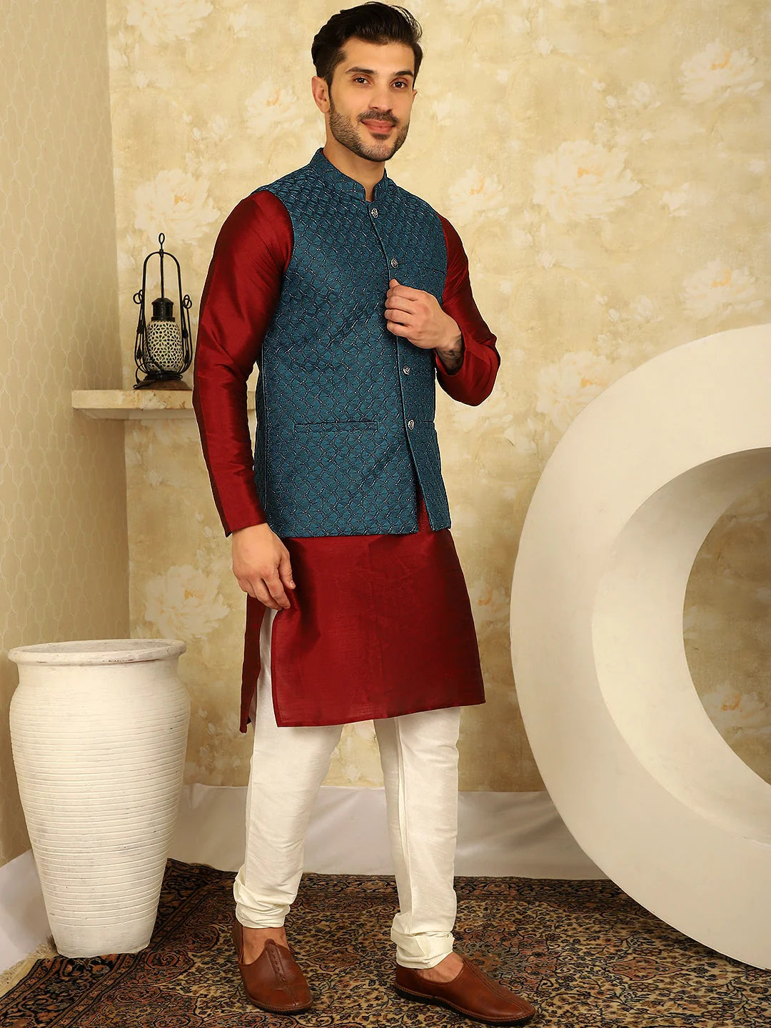 Blue Woven Nehru Jacket Kurta Pajama Set | Mens Kurta Pajama