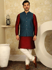 Blue Woven Design Nehru Jacket With Kurta Pyjama Set ( JOKPWC 636M 4091Peacock )