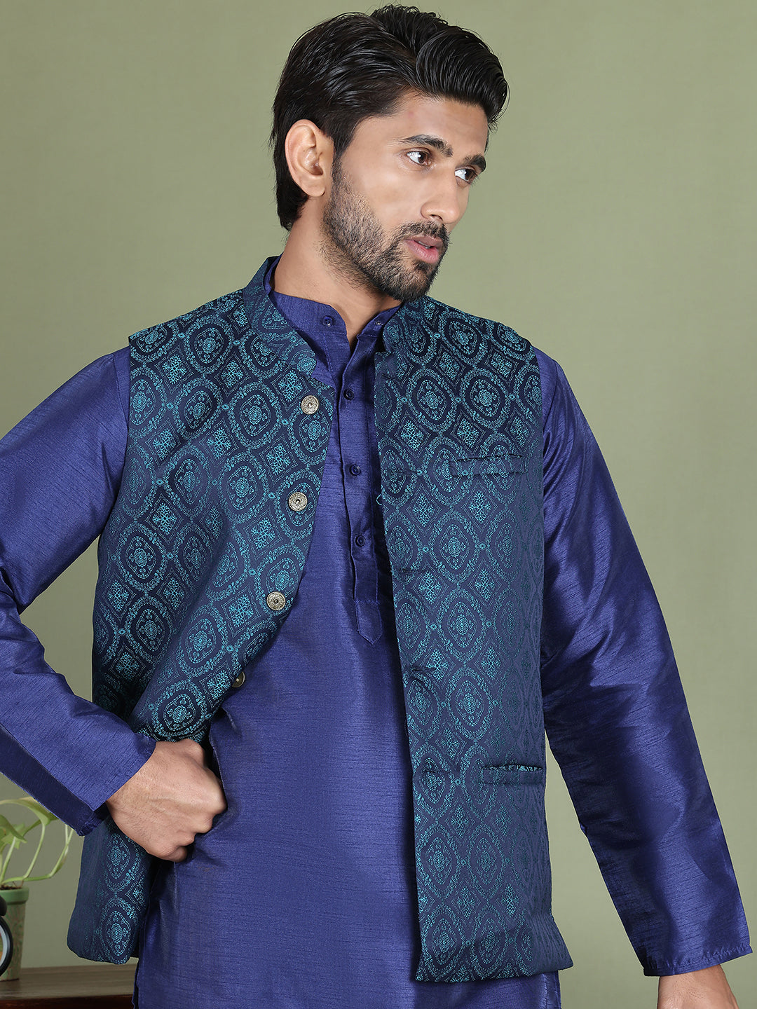 Woven Design Nehru Jacket With Solid Kurta Pyjama for Men ( JOKPWC 636N 4072Teal )