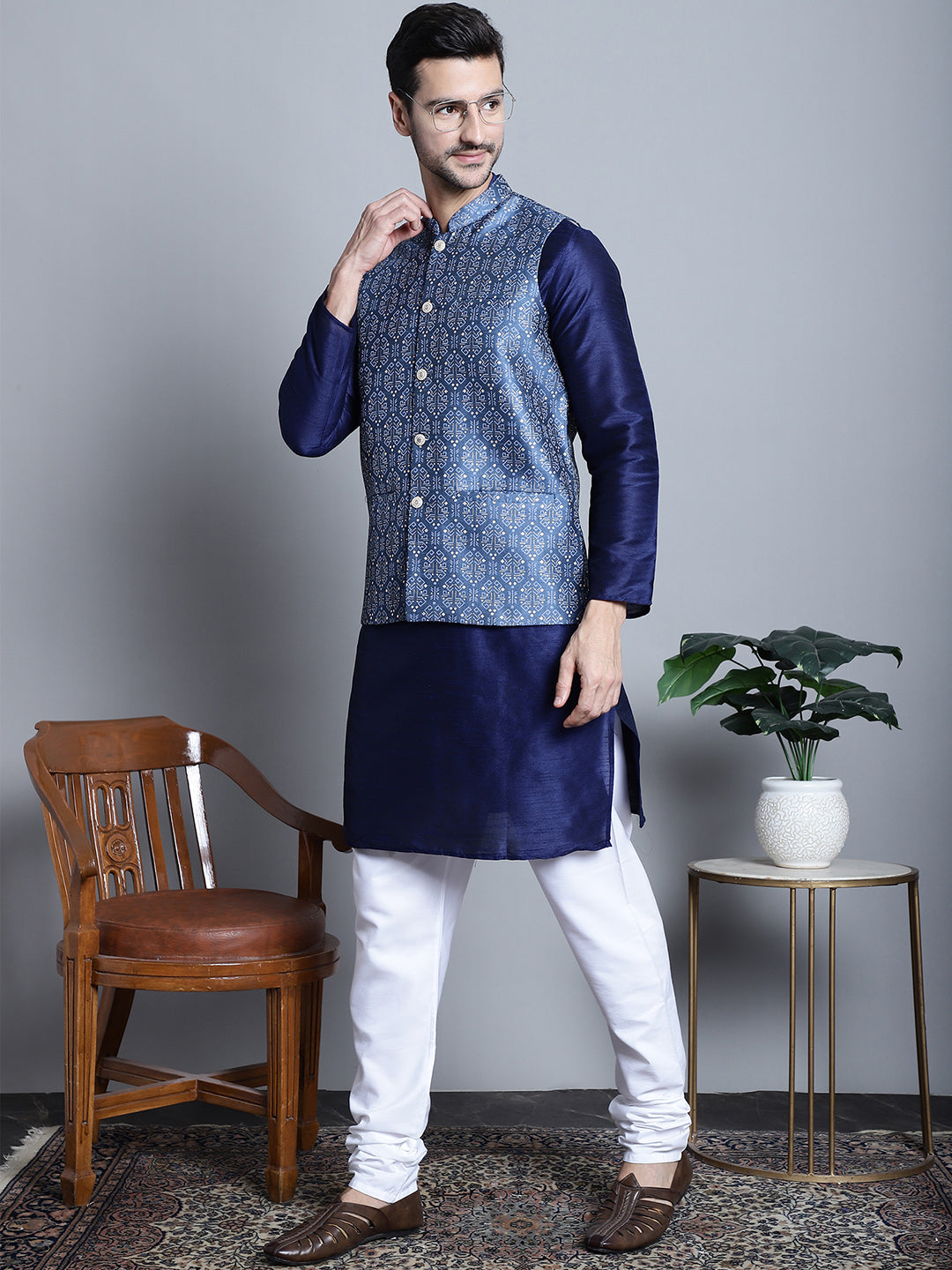 Men's Printed Nehru Jacket with Kurta Pajama Set | Ethnic Wear