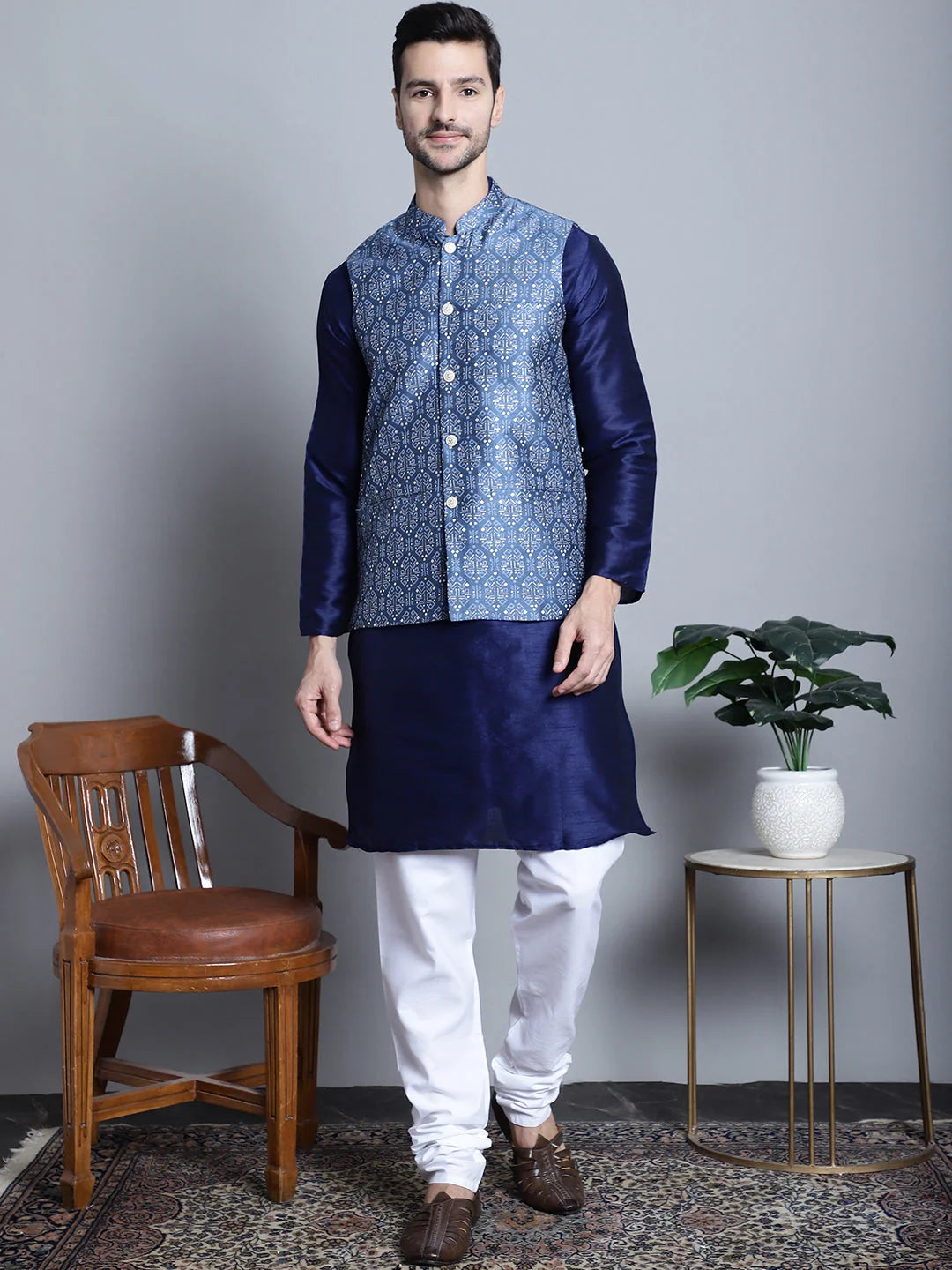 Men's Printed Nehru Jacket with Kurta Pajama Set | Ethnic Wear
