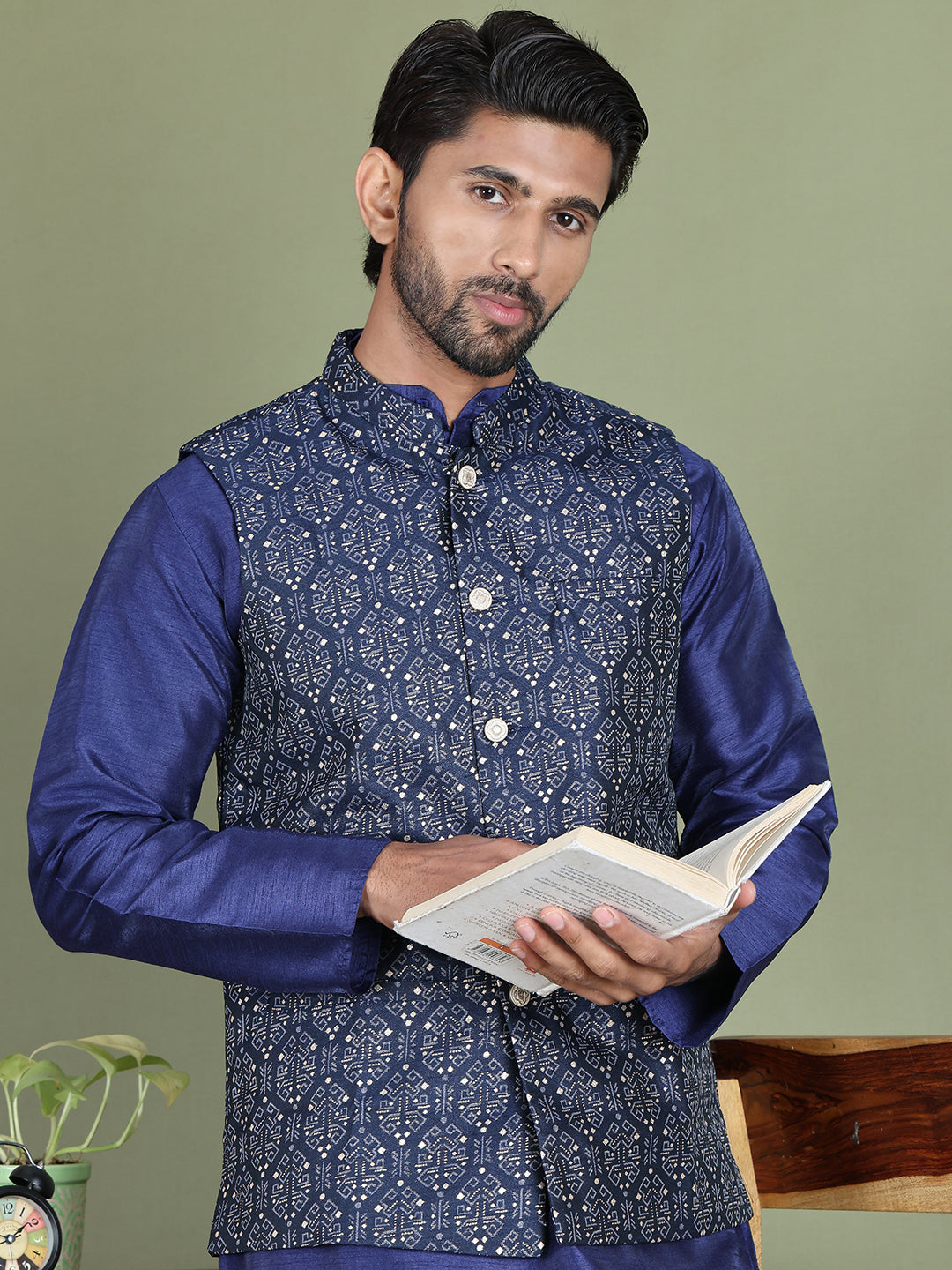 DesiQlo Men Printed Nehru Jacket and Kurta Pyjama Set - - JOKPWC_636N_