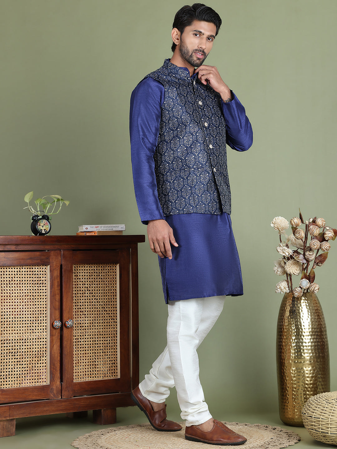 DesiQlo Men Printed Nehru Jacket and Kurta Pyjama Set - - JOKPWC_636N_