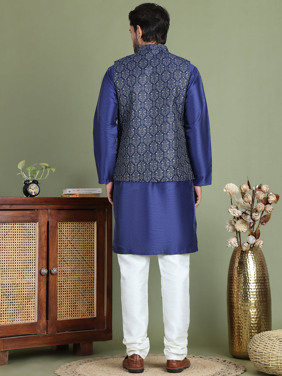 DesiQlo Men Printed Nehru Jacket and Kurta Pyjama Set - - JOKPWC_636N_