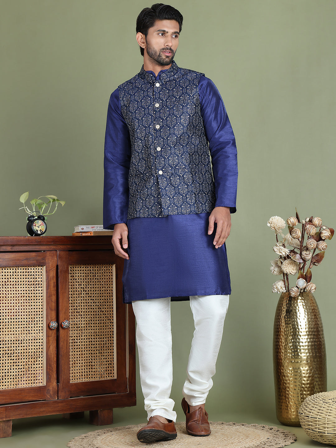 DesiQlo Men Printed Nehru Jacket and Kurta Pyjama Set - - JOKPWC_636N_