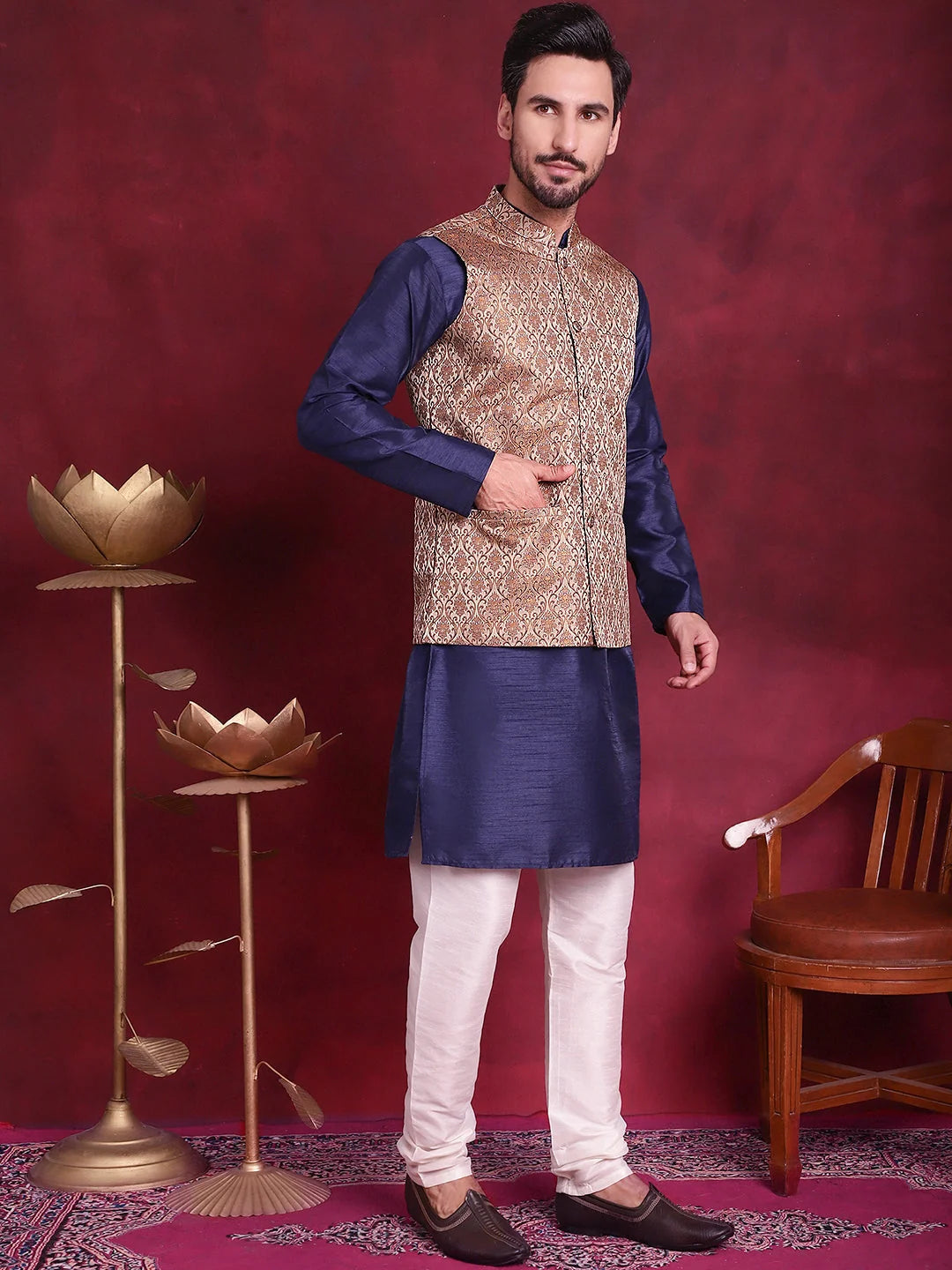 Brown Kurta Pajama Set with Nehru Jacket | Mens Ethnic Wear