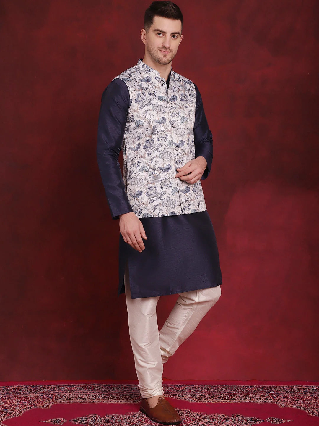 Shop White Floral Nehru Jacket Kurta Pajama Set | Mens Kurta Pajama