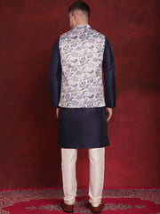 White Floral Printed Nehru Jacket With Kurta Pyjama Set ( JOKPWC 636N 4090White )