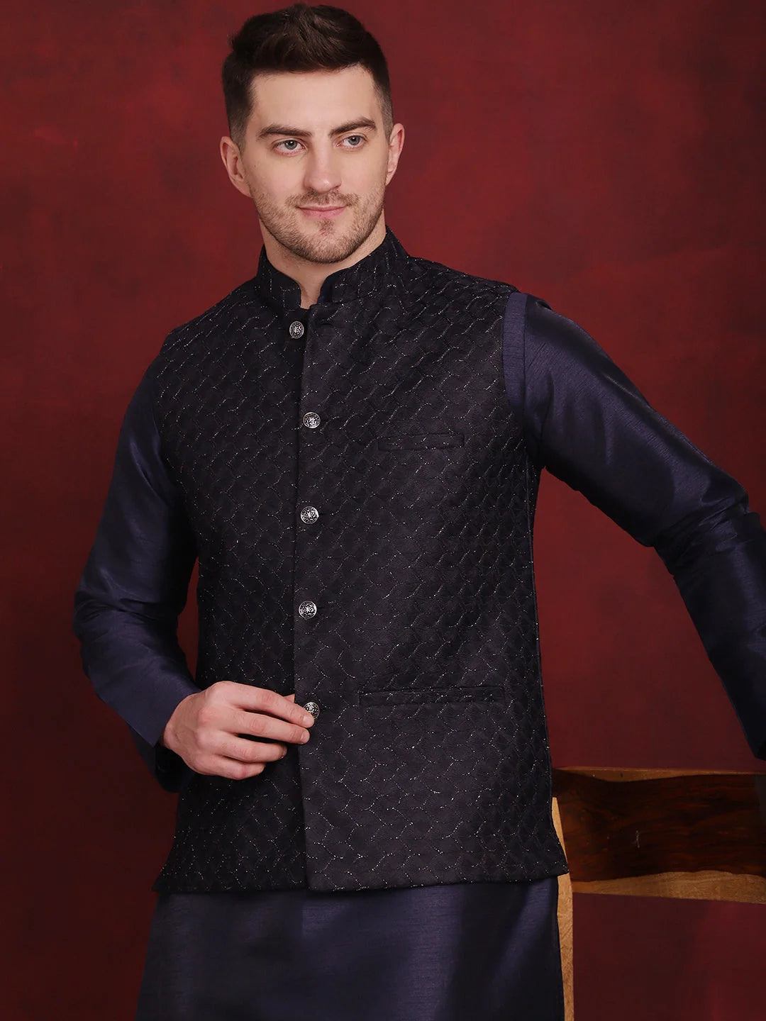 Navy Blue Woven Design Nehru Jacket With Kurta Pyjama Set ( JOKPWC 636N 4091Navy )
