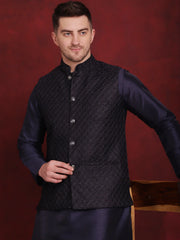 Navy Blue Woven Design Nehru Jacket With Kurta Pyjama Set ( JOKPWC 636N 4091Navy )
