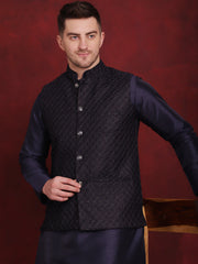 Navy Blue Woven Design Nehru Jacket With Kurta Pyjama Set ( JOKPWC 636N 4091Navy )