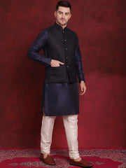 Navy Blue Woven Design Nehru Jacket With Kurta Pyjama Set ( JOKPWC 636N 4091Navy )
