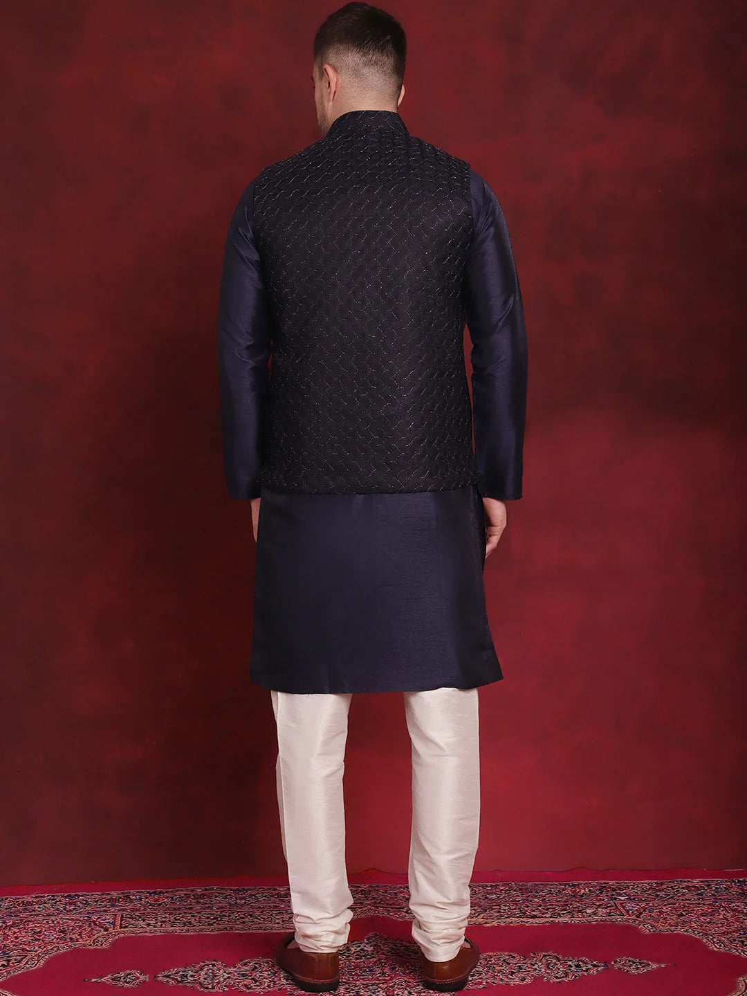 Navy Blue Woven Nehru Jacket Kurta Pajama Set | Mens Kurta Pajama