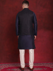 Navy Blue Woven Design Nehru Jacket With Kurta Pyjama Set ( JOKPWC 636N 4091Navy )