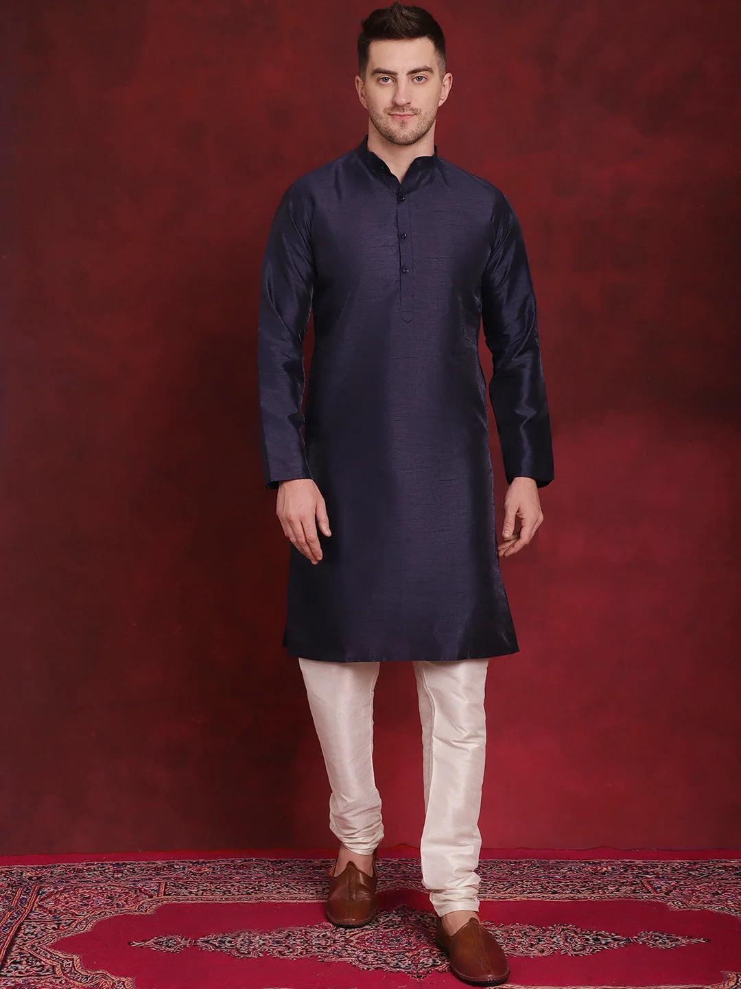 Navy Blue Woven Nehru Jacket Kurta Pajama Set | Mens Kurta Pajama