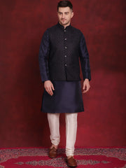 Navy Blue Woven Design Nehru Jacket With Kurta Pyjama Set ( JOKPWC 636N 4091Navy )