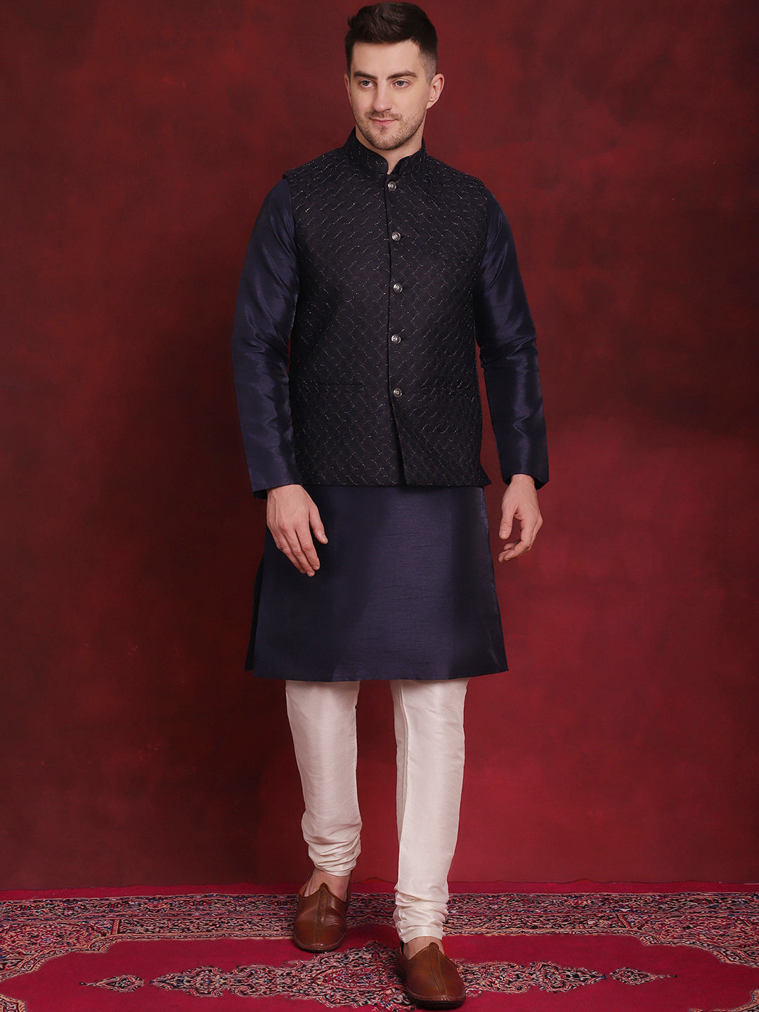 Navy Blue Woven Nehru Jacket Kurta Pajama Set | Mens Kurta Pajama
