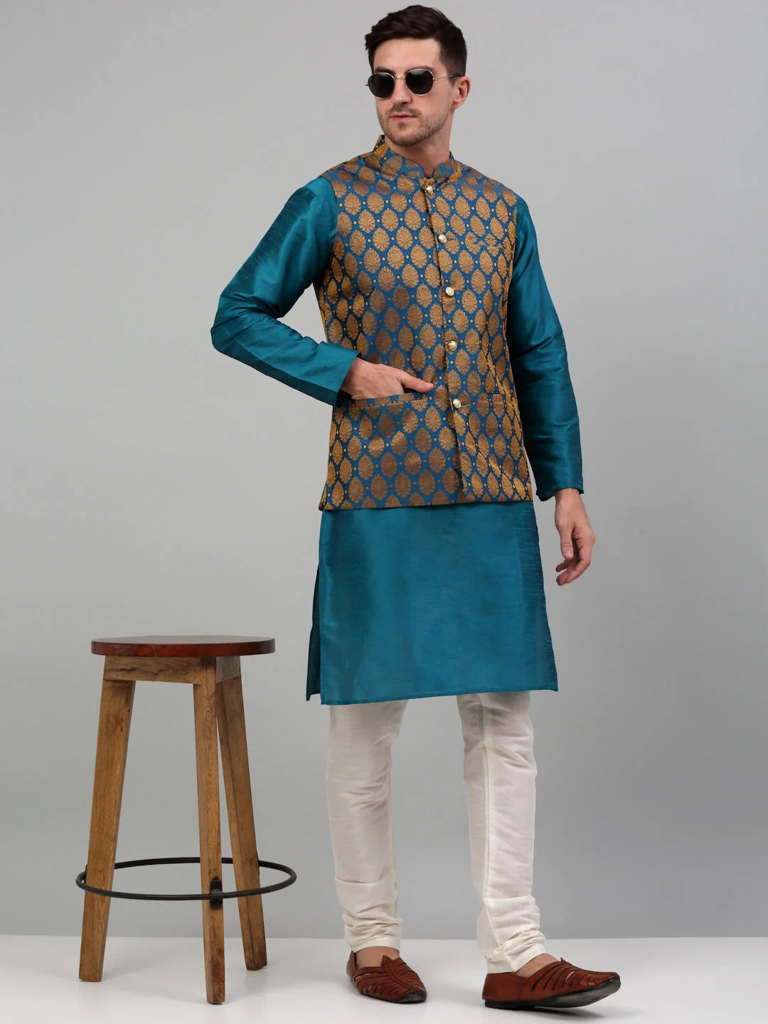 Men’s Woven Cotton Kurta Pajama Set with Nehru Jacket