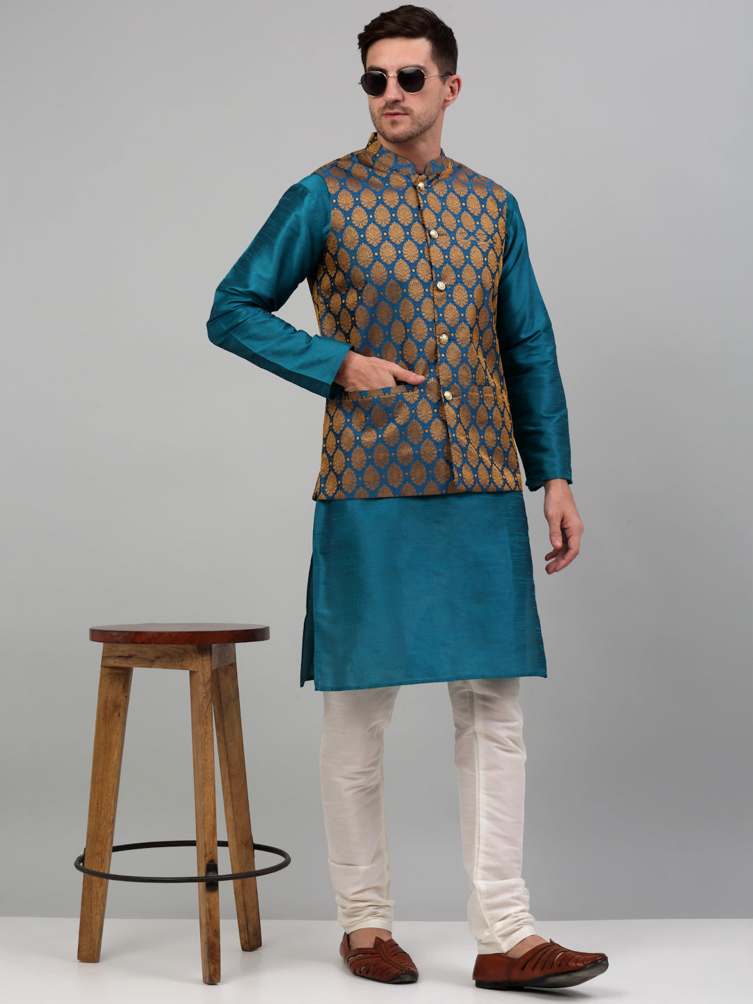 Men's Woven Design Nehru Jacket and Kurta Pyjama Set-JOKPWC 636PK