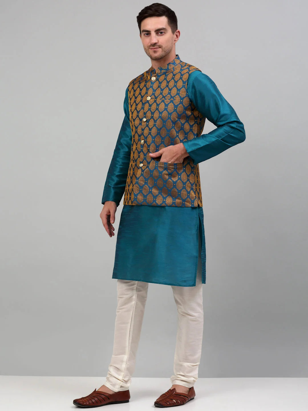 Men’s Woven Cotton Kurta Pajama Set with Nehru Jacket