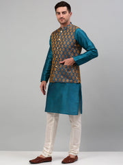 Men's Woven Design Nehru Jacket and Kurta Pyjama Set-JOKPWC 636PK