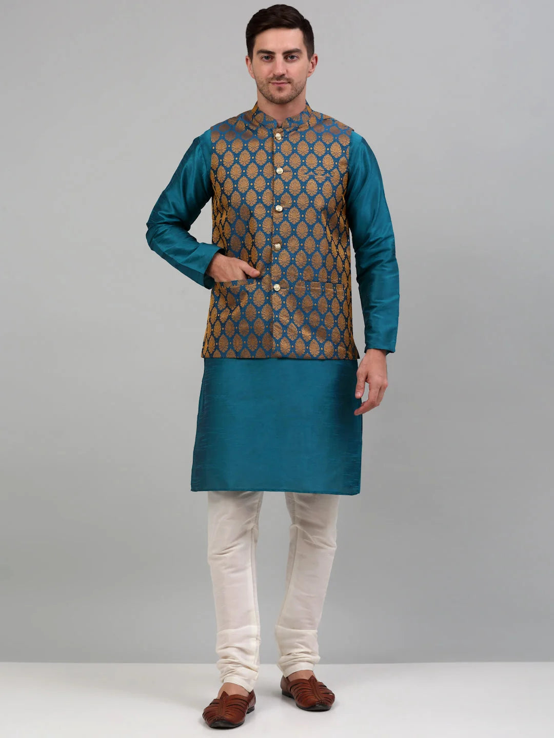 Men’s Woven Cotton Kurta Pajama Set with Nehru Jacket