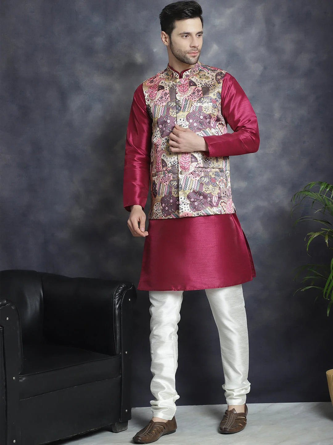 Men's Digital Print Nehru Jacket With Kurta Pajama Set Purple