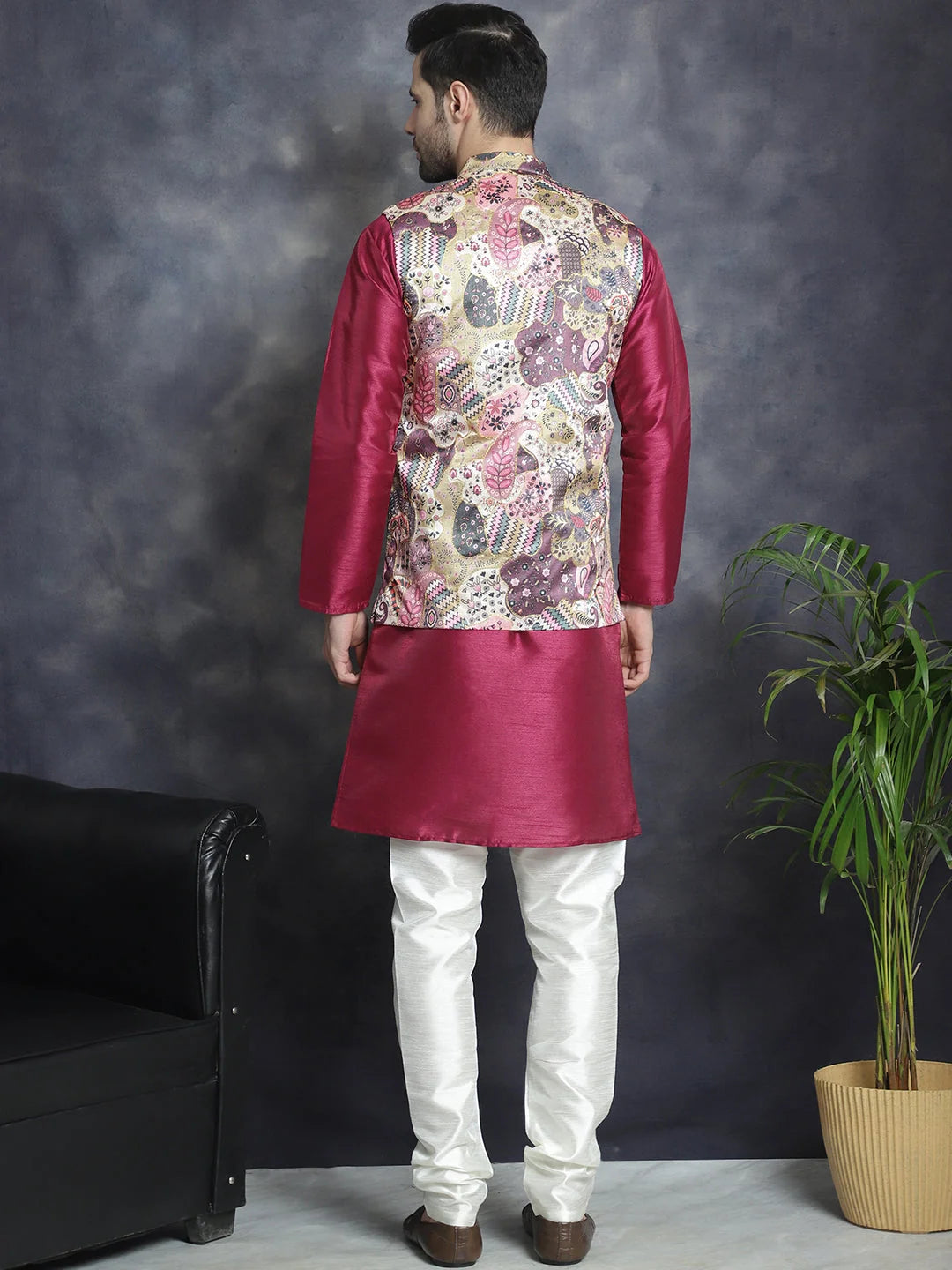 Men's Digital Print Nehru Jacket With Kurta Pajama Set Purple