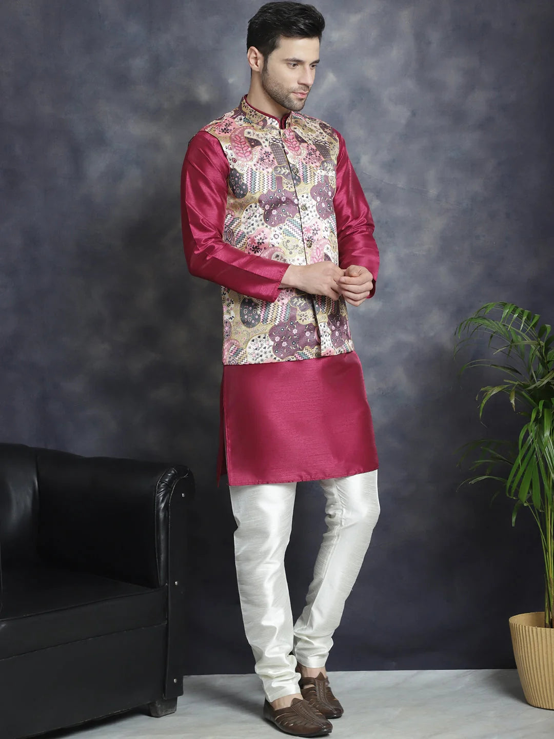 Men's Digital Print Nehru Jacket With Kurta Pajama Set Purple