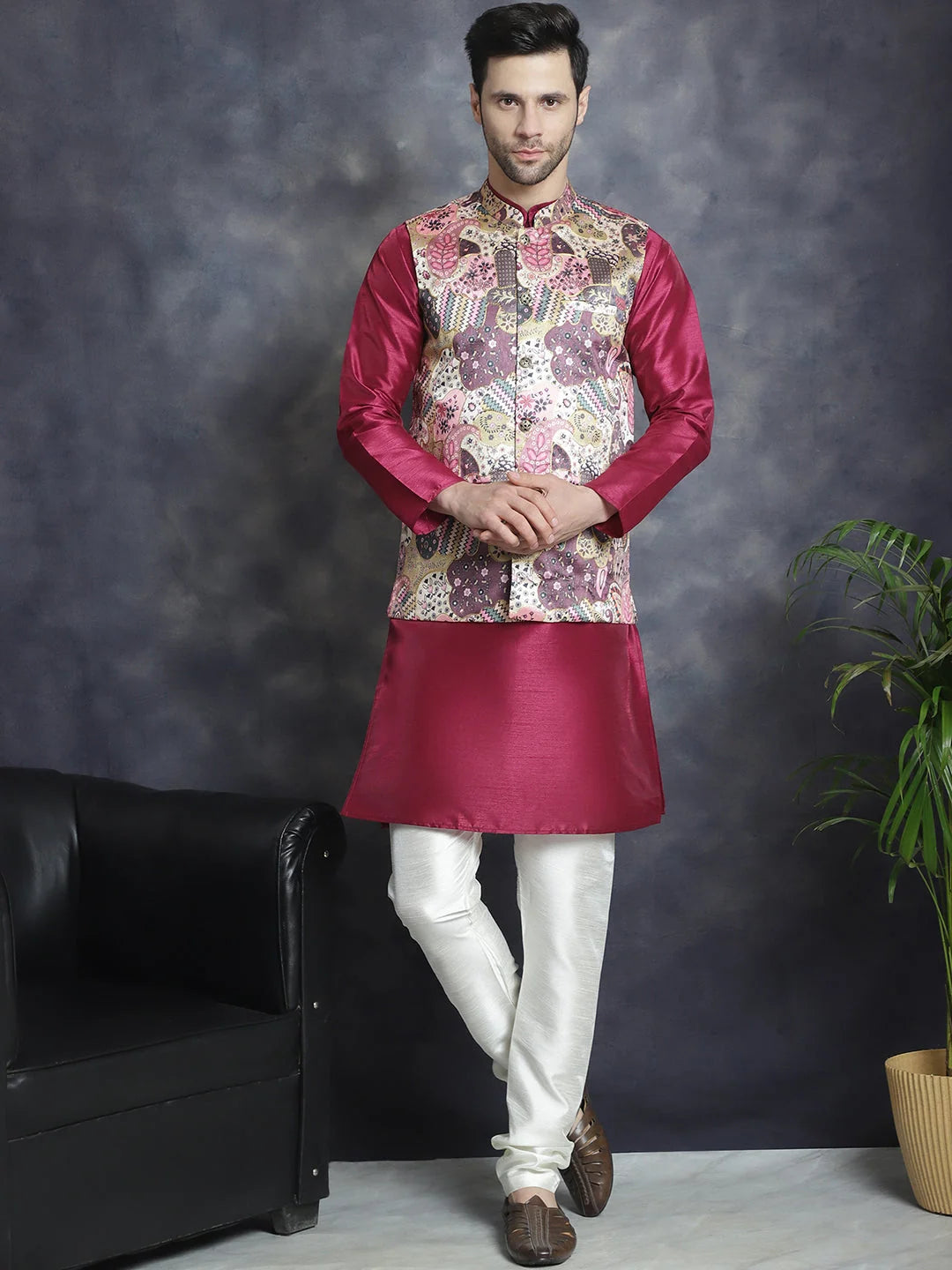 Men's Digital Print Nehru Jacket With Kurta Pajama Set Purple