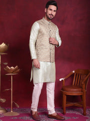 Woven Design Nehru Jacket With Kurta Pyjama Set ( JOKPWC 636P 4089 Golden )
