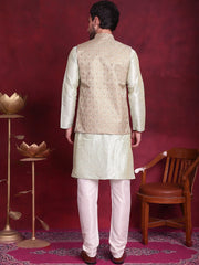 Woven Design Nehru Jacket With Kurta Pyjama Set ( JOKPWC 636P 4089 Golden )