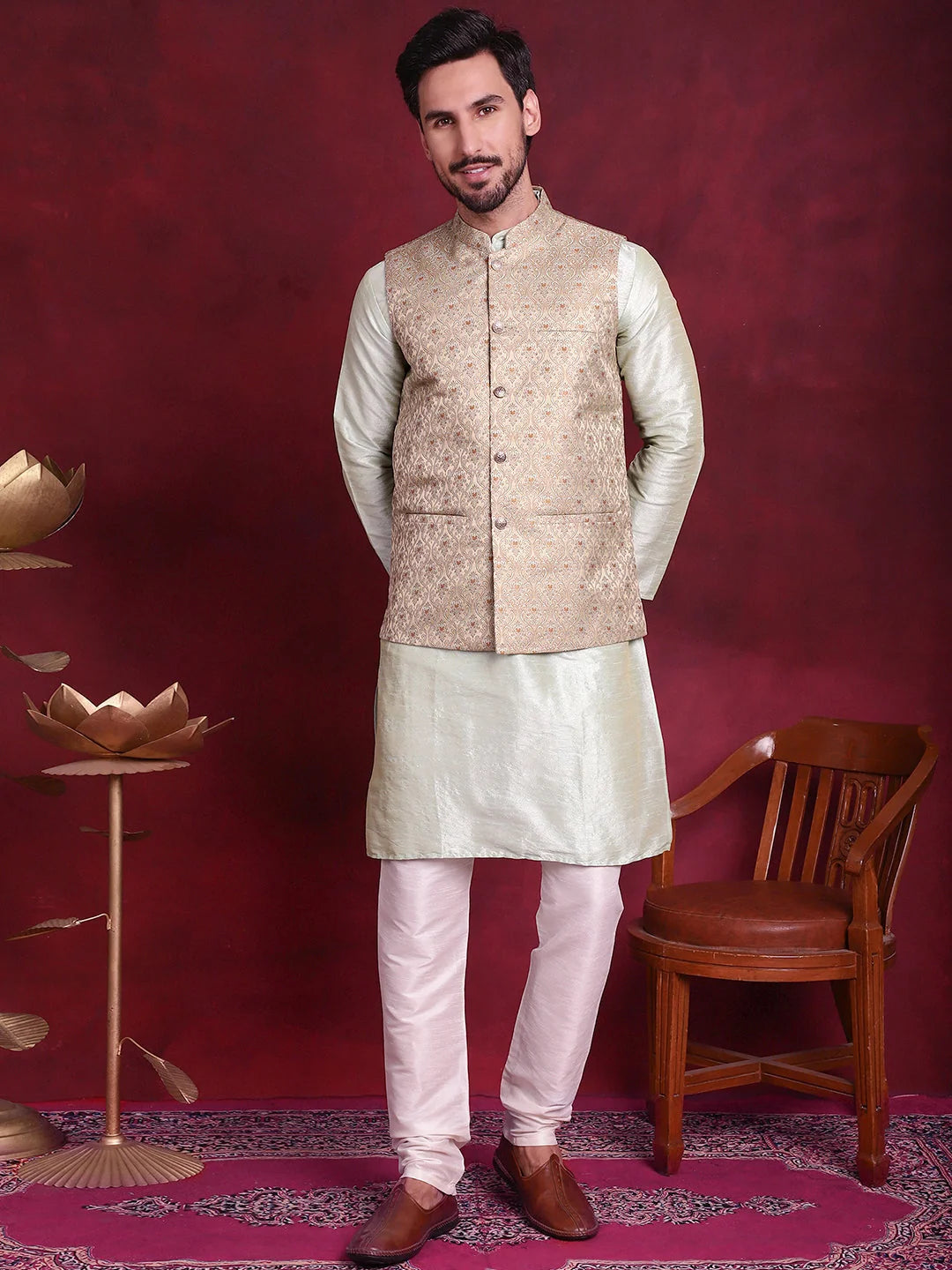 Golden Kurta Pajama Set with Nehru Jacket | Mens Ethnic Wear
