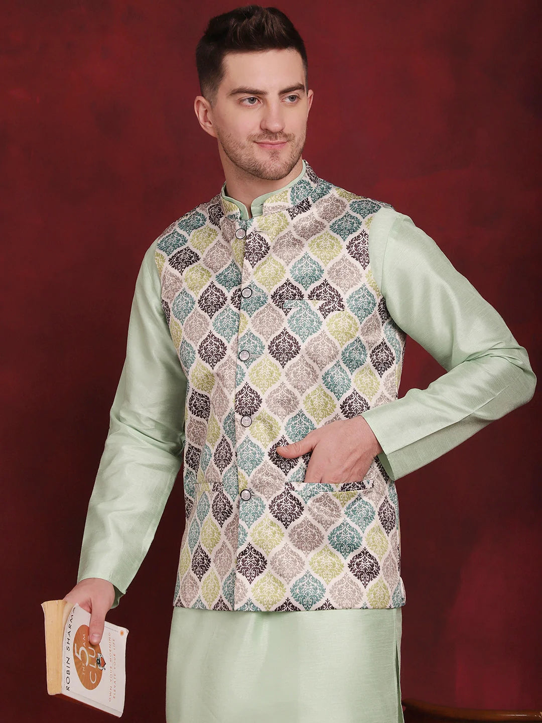 Green Floral Nehru Jacket with Kurta Pajama Set | Cotton