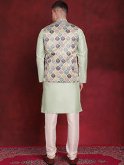 Green Floral Printed Nehru Jacket With Kurta Pyjama Set ( JOKPWC 636P 4090Green )