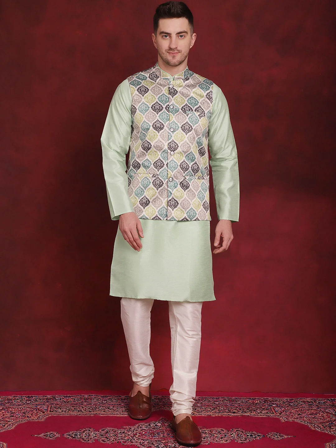 Green Floral Nehru Jacket with Kurta Pajama Set | Cotton