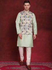 Green Floral Printed Nehru Jacket With Kurta Pyjama Set ( JOKPWC 636P 4090Green )
