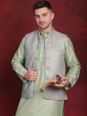 Green Woven Design Nehru Jacket With Kurta Pyjama Set ( JOKPWC 636P 4091Pista )