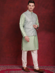 Green Woven Design Nehru Jacket With Kurta Pyjama Set ( JOKPWC 636P 4091Pista )
