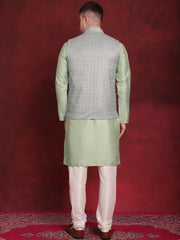 Green Woven Design Nehru Jacket With Kurta Pyjama Set ( JOKPWC 636P 4091Pista )