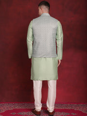Green Woven Design Nehru Jacket With Kurta Pyjama Set ( JOKPWC 636P 4091Pista )