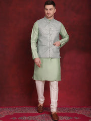 Green Woven Design Nehru Jacket With Kurta Pyjama Set ( JOKPWC 636P 4091Pista )