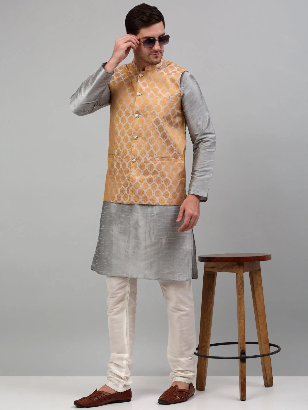 Woven Design Kurta Pajama Set for Men with Nehru Jacket