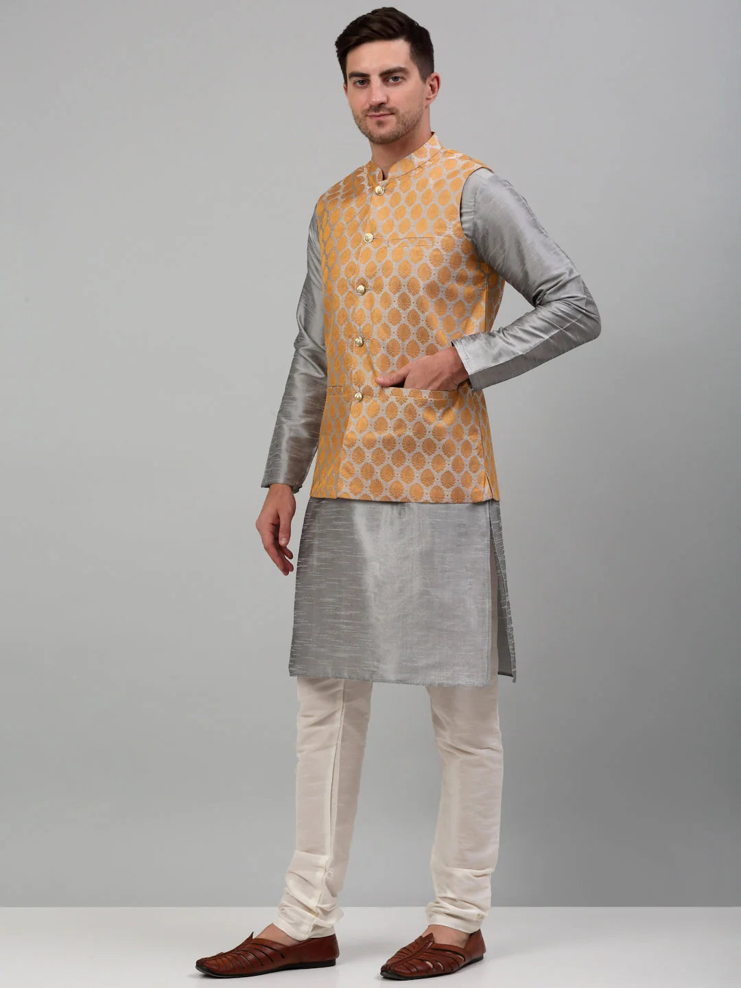 Woven Design Kurta Pajama Set for Men with Nehru Jacket