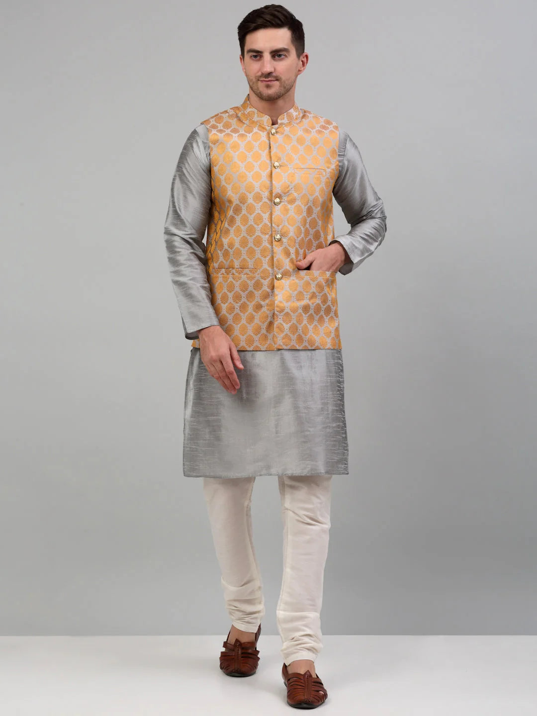 Woven Design Kurta Pajama Set for Men with Nehru Jacket