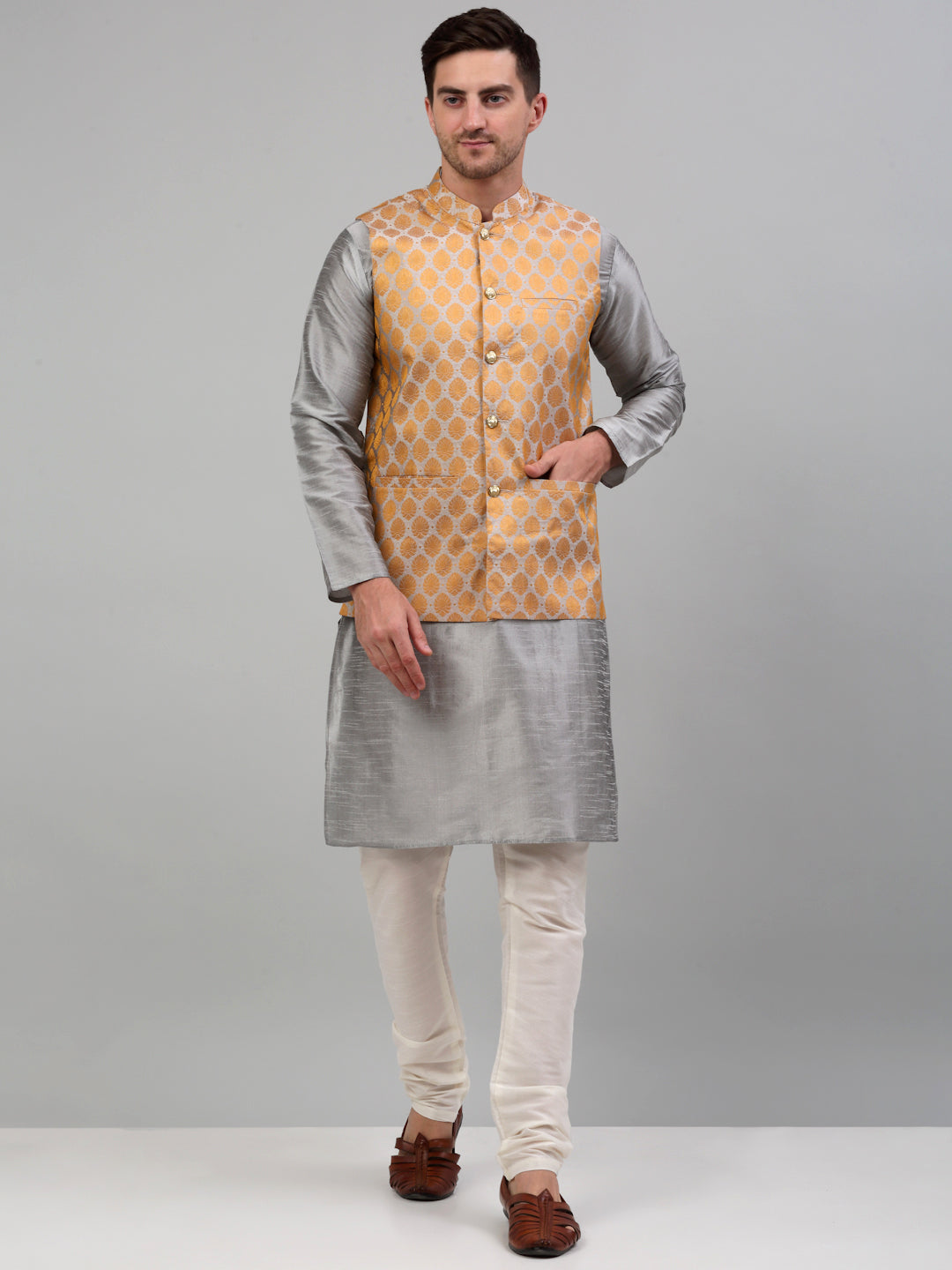 Woven Design Kurta Pajama Set for Men with Nehru Jacket