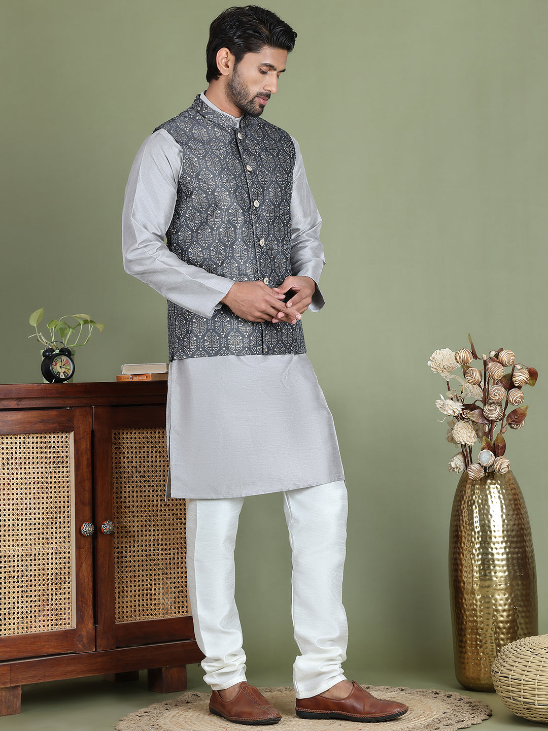 DesiQlo Men Printed Nehru Jacket and Kurta Pyjama Set - - JOKPWC_636S_