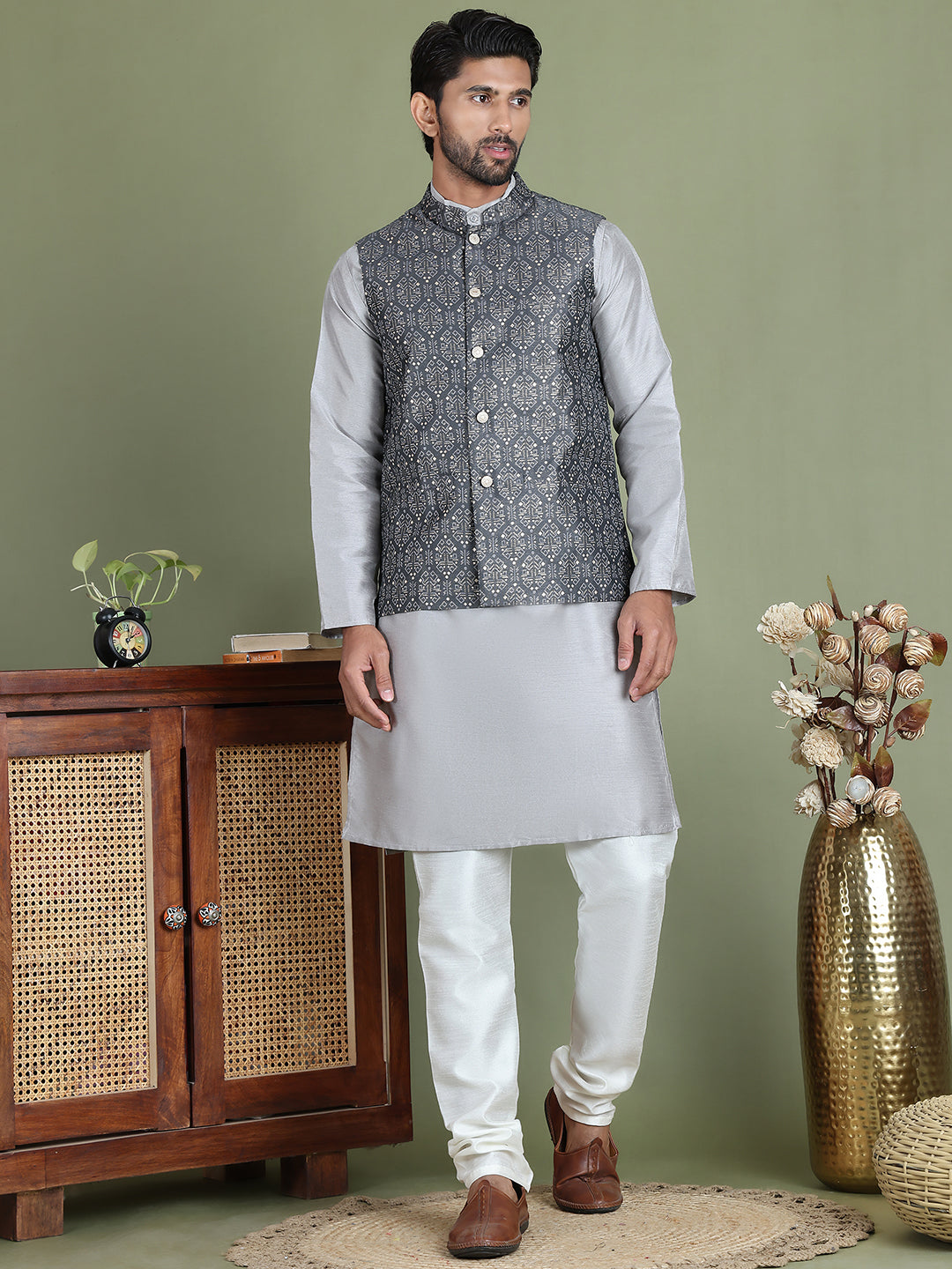 DesiQlo Men Printed Nehru Jacket and Kurta Pyjama Set - - JOKPWC_636S_