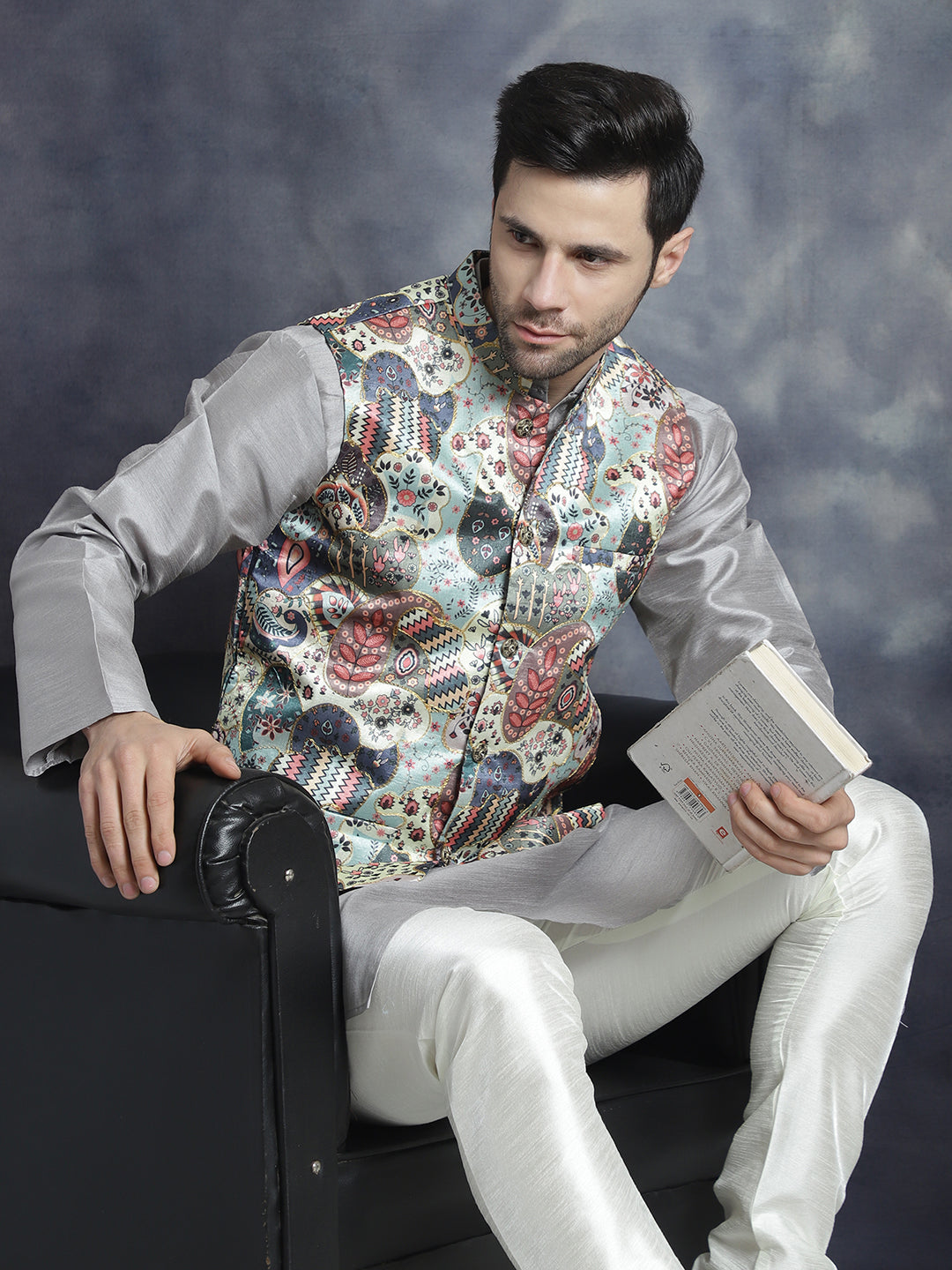 Blue Digital Print Zari Work Nehru Jacket with Kurta Pajama