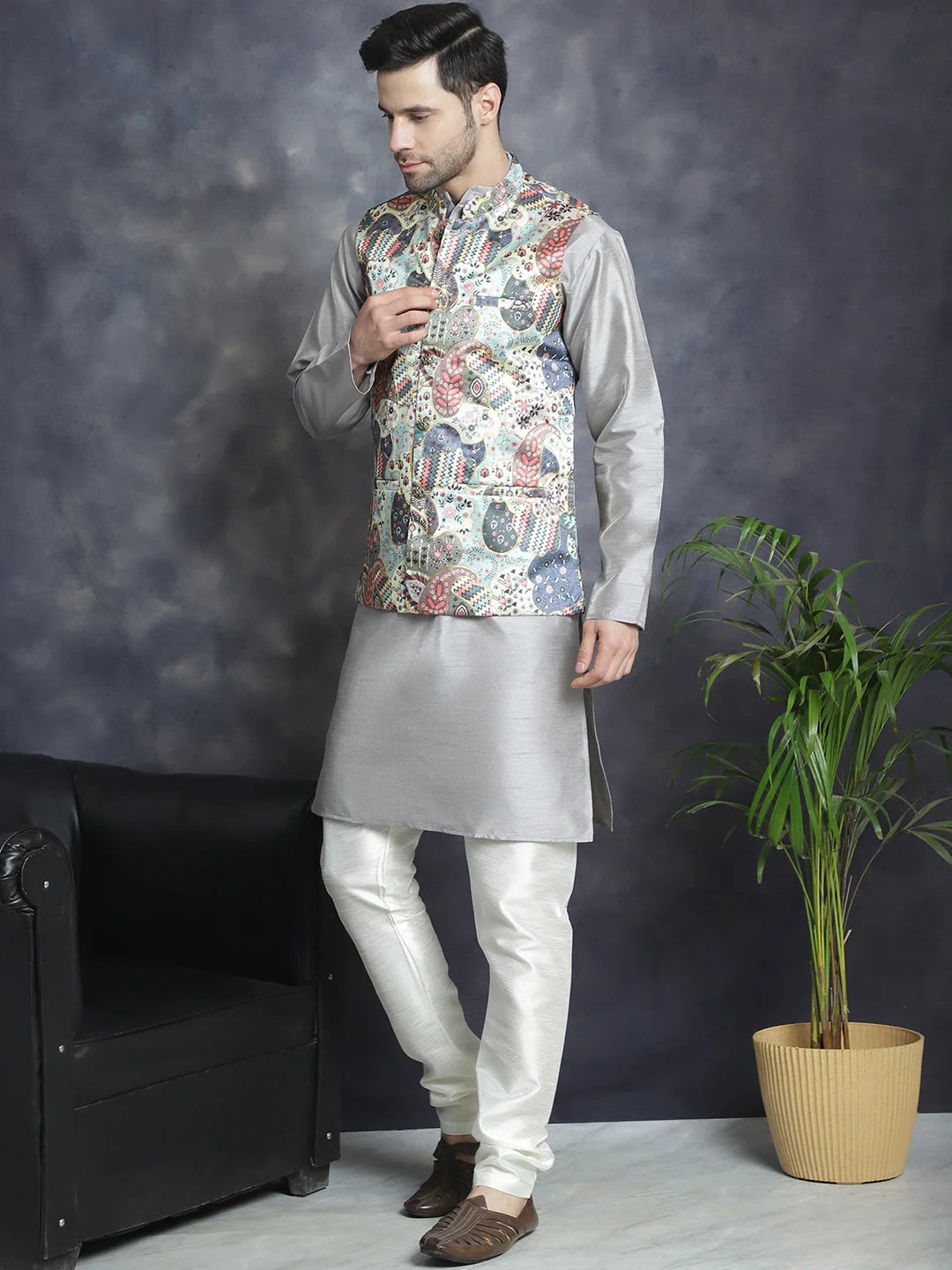 Blue Digital Print Zari Work Nehru Jacket with Kurta Pajama